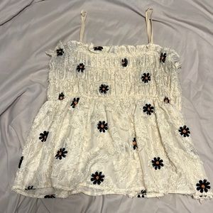 Cream Daisy Print Smocked Babydoll Top